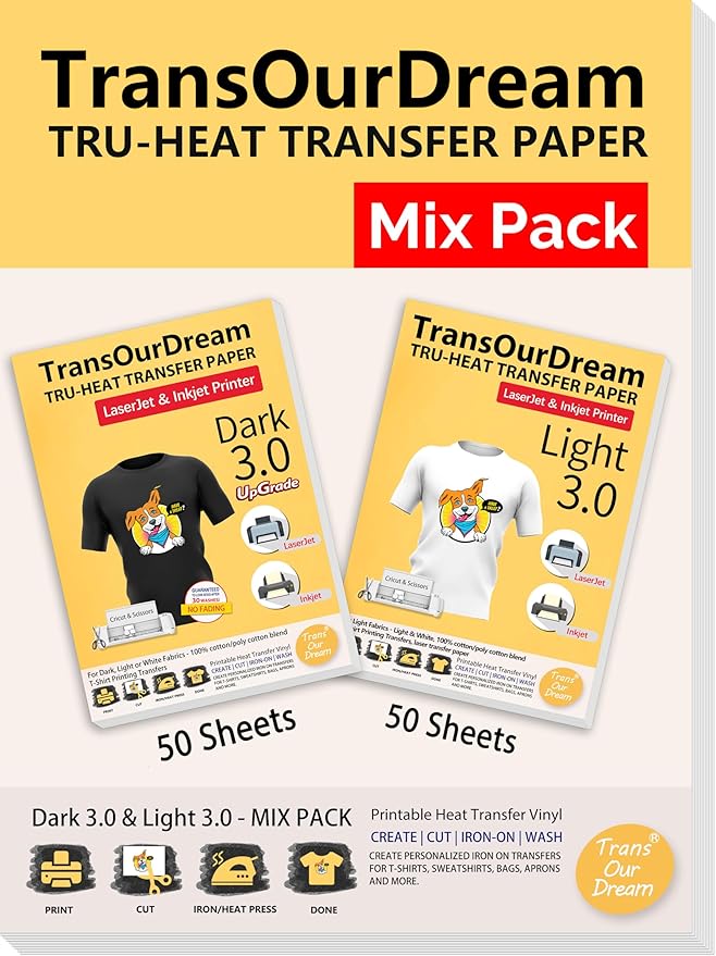 TransOurDream Tru-Heat Transfer Paper for T Shirts (50+50 Sheets, 8.5x11", Mix Pack) Printable Heat Transfer Vinyl for Dark & Light Fabrics Iron on Transfers for Laserjet & Inkjet Printer