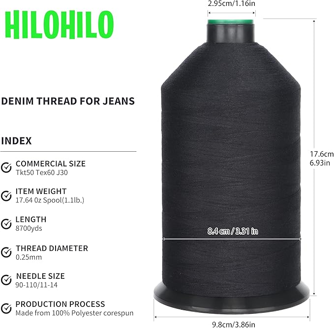 Polyester Corespun Denim Thread Tkt50 Tex60 J30, 8700yds, Suitable Light-Weight Denim Clothing and Home Decor,Mattresses,Curtains(Black)