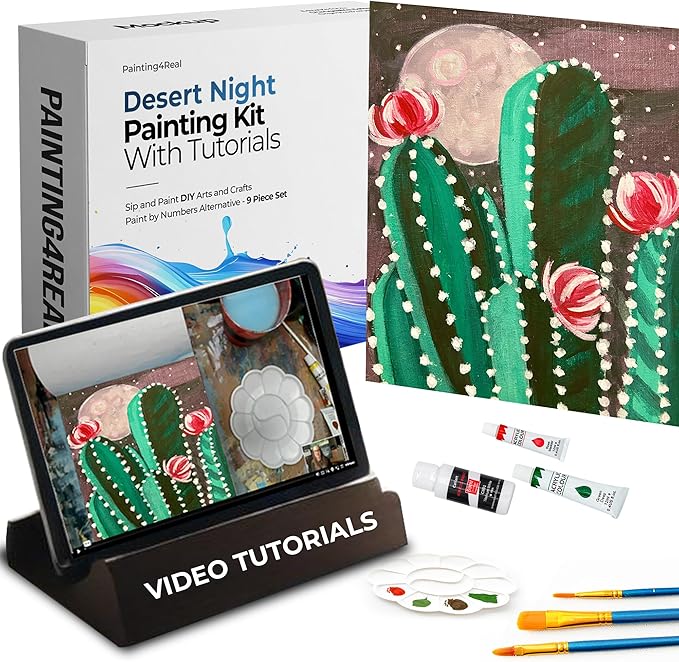 Painting4Real DIY Art Painting Kit for Adults – Learn to Paint Desert Night with Video Tutorials – 9 Pieces Acrylic Paint Set for Adults –Perfect Christmas Crafts & Holiday Gifts for Art Lovers