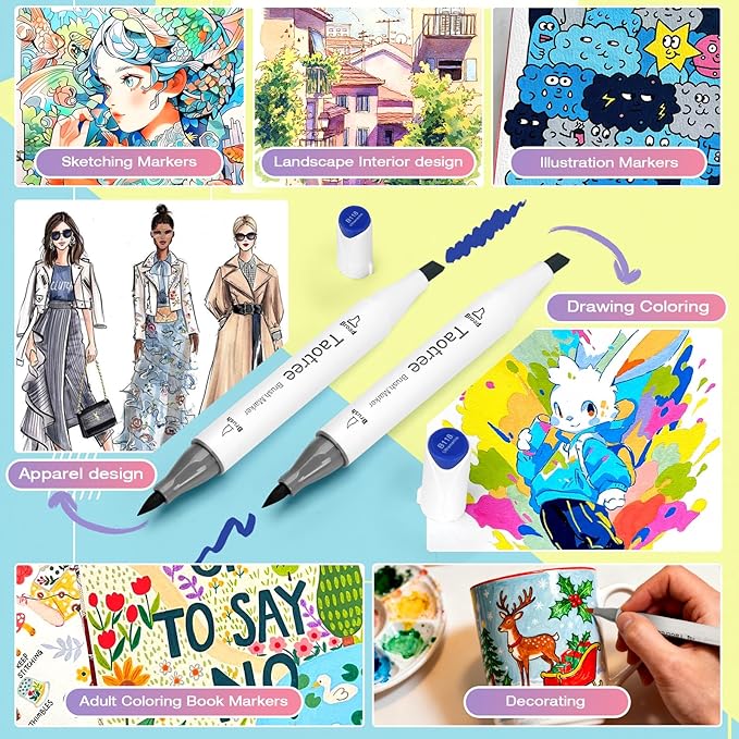 Taotree Alcohol Brush Markers Set Art Supplies, 61 Colors Dual Tip Art Coloring Markers Pens, Brush & Chisel Tip Sketch Pens, Drawing Supplies Gift for Artist Adult Coloring Book Painting, Sketching