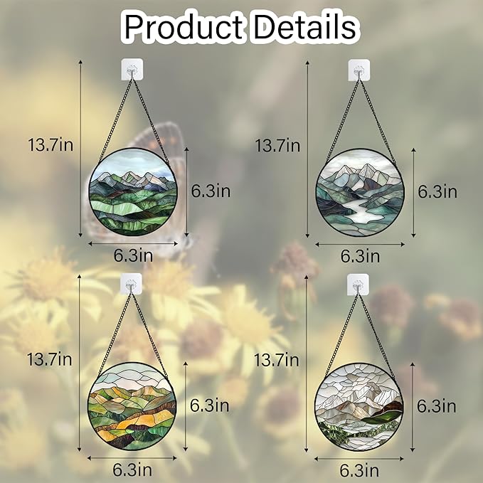 Stained Glass Window Hanging 4 Pcs Set Mountain River Landscape 6.3" - Suncatcher Door Garden Sun Catcher Decor Birthday Mother's Day for Mom Woman Nana Girl Boy Friend