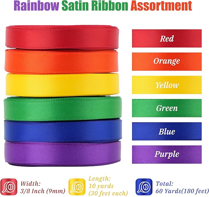 Colorful Rainbow Ribbon 3/8 Inch Thin Multicolor Rainbow Satin Ribbon 6 Rolls Assortment for Wedding Wrapping Invitation Card Crafts - 60Yards