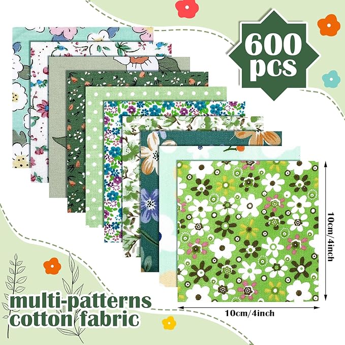 Kinlop 600 Pcs 4 x 4 Inch Cotton Fabric Square Precut Quilting Squares Printed Floral Patchwork Fabric Bundles for DIY Craft Sewing Clothing Accessory(Green)