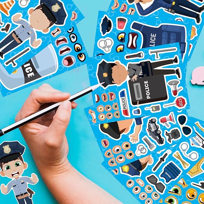 24 Sheets Make Your Own Policeman Stickers, Make-a-face Stickers, Educational Theme Gift for Kids, Birthday Party School Classroom Teacher Reward