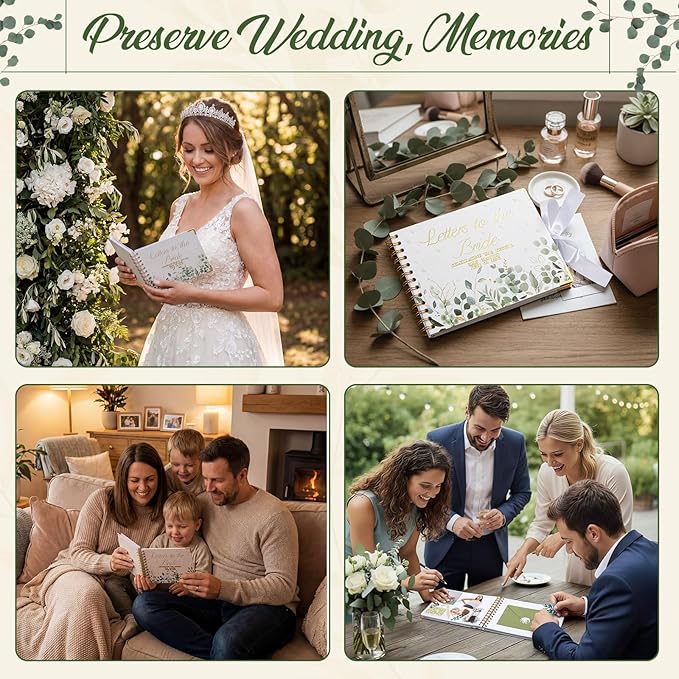 Humyoun 8.5 x 7 Inch Wedding Guest Book Letters to The Bride Scrapbook Wedding Memory Book Bridal DIY Blank Paper Scrapbook Photo Album Guest Sign with Pearl Stickers (97 Pcs,Eucalyptus)