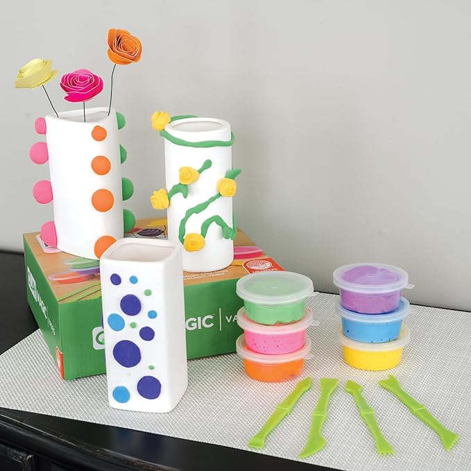MindWare Clay Magic Vases Kids Crafts - Air-Dry Clay for Kids Ages 8 and Up – Shape and Press 6 Vibrant Colors of Magic Clay to Decorate Sturdy Porcelain Vases - No Glue or Baking Required