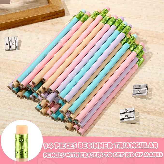 Fainne 102 Pcs Bulk Thick Jumbo Graphite Pencils Set 96 Fat Giant Large Pencils and 6 Sharpeners Enhanced Grip for Art Drafting Writing Drawing Office and Home Use(Macaron Colors,Round)