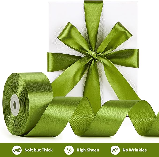 1-1/2 Inch Wide Olive Green Satin Ribbon, 50 Yards Solid Polyester Fabric Ribbon for Roses Making, Gift Wrapping, Wedding Decorations, Crafts, Bows, Flower Bouquets