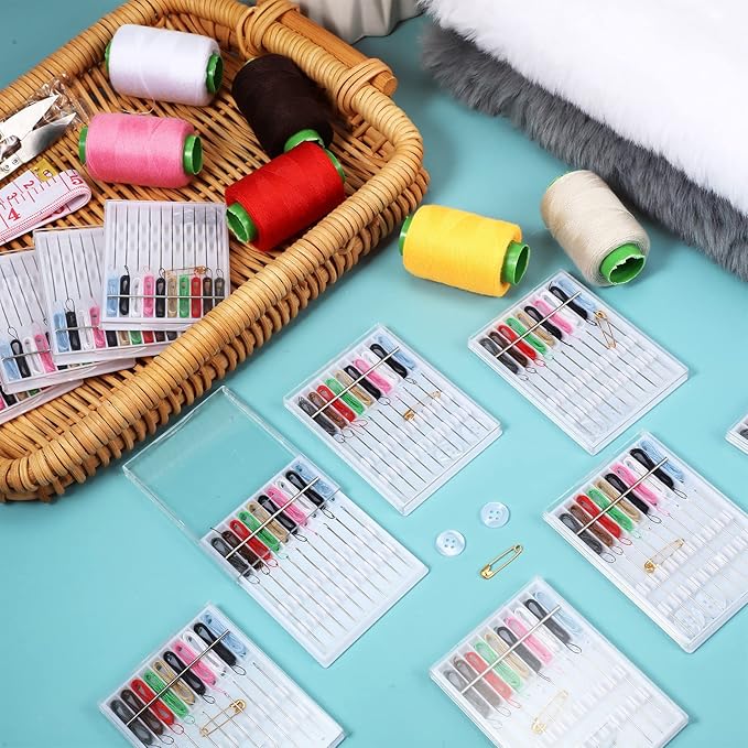 MTLEE 14 Boxes 140 Pieces Mini Quick Fix Sewing Kit Easy Pre Threaded Needle Basic Personal Kit Plastic Threaded Needle Holder Small Home Travel Sewing Box with Pin Button, Assorted Colors