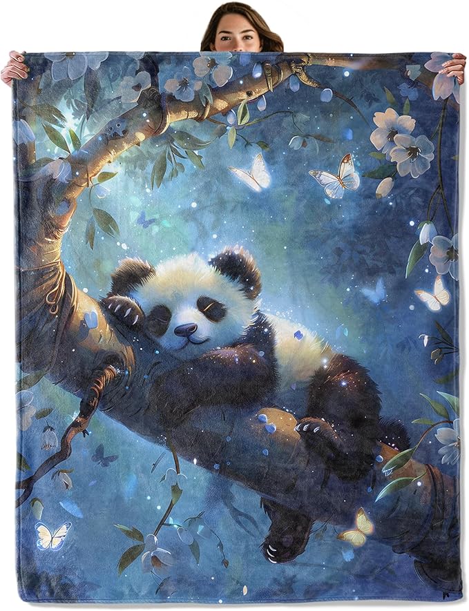 Fantasy Panda Throw Blanket – Cute Animal and Butterfly Design, Cozy Warm Flannel Blankets, All Season Use, Kids Boys Girls Women Gifts, 50x60in, Sofa Office Dorm Travel RV Farmhouse Decoration