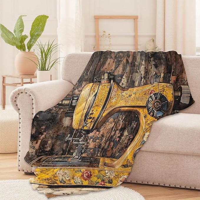Vintage Sewing Machine Throw Blanket for Boys Girls Kids Adults Women, Fuzzy Warm Soft Cozy Flannel Blankets Gifts for Bedroom, Couch, Travel, Home Decor 60x80 in