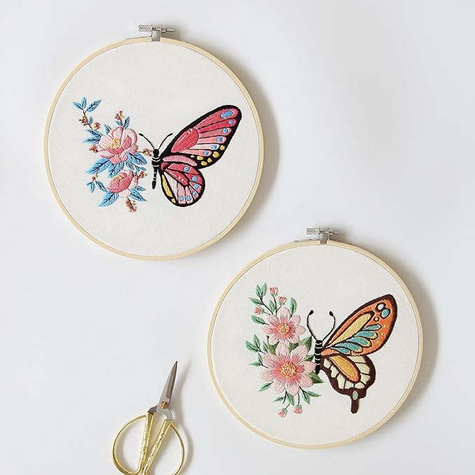 Bonroy 4 Sets Embroidery Set for Beginners, Art Craft, Easy Sewing, Includes Embroidery Clothing, Pattern, Embroidery Hoop, Instruction Manual, Colorful Thread Needles Set (Butterfly)
