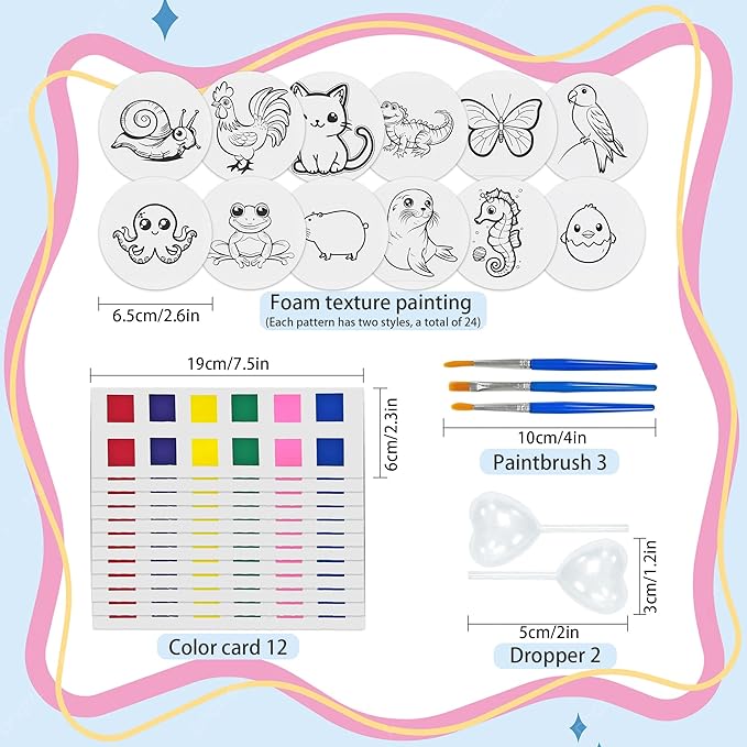 Zariocy Magic Foam Texture Painting Kit - Including 24 Pcs Foam Texture Paper, 2 Dropper, 3 Brushes & 12 Color Cards, 3D Magic Puffy Paint Kit, DIY Crafts | Art for Craft Lovers (Animal)