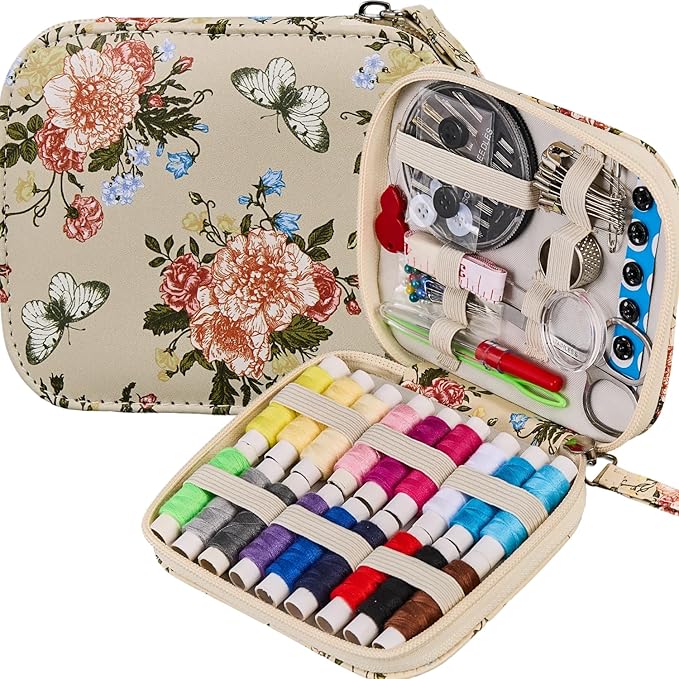 Printing Sewing Kit Floral Pattern Sewing Set Small Basic Travel Sewing Kit for Adults, 87 PCS Professional Sewing Supplies Accessory for Emergency, Home