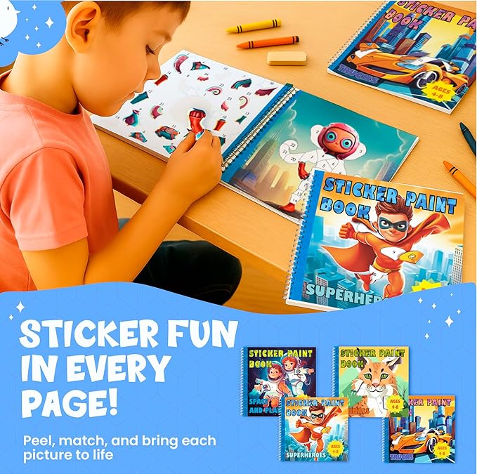 BulbaCraft 4Pcs Sticker Paint Books - Sticker Books by Number with Superheroes, Trucks, Animals and Space - Coloring Activity