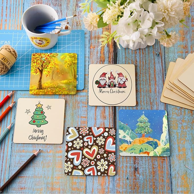 FOBSME 80 Pcs Unfinished Wood Pieces 5x5 Inch Blank Wooden Squares Cutouts Natural Wooden Square Slices for DIY Crafts, Painting, Engraving, Pyrography, Holiday Decor, Coasters, Home Decorations