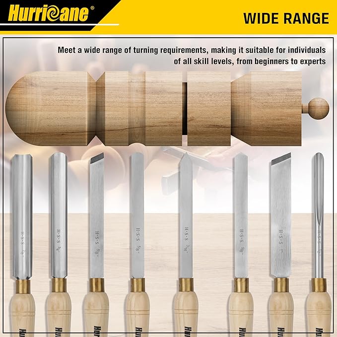 HURRICANE 8pc Wood Lathe Chisel Set with Wooden Box - HSS Wood Turning Tools for Woodworking - Perfect Tools for Precision Cutting and Smooth, Detailed Projects