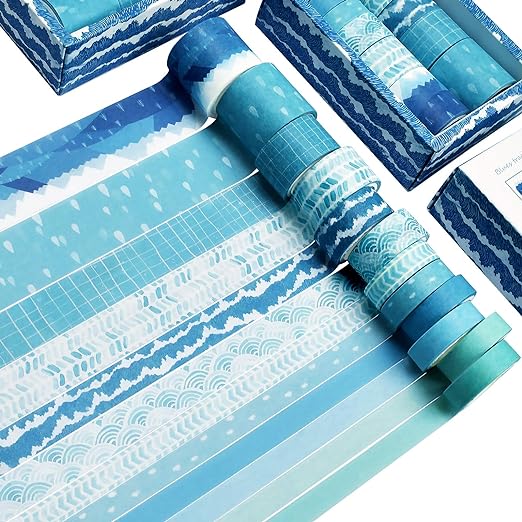 Washi Tape Set of 12 Rolls,Blue Sea Wave Decorative Washi Masking Tape Sets for Craft,Kids,Scrapbook,DIY,Gift Wrapping