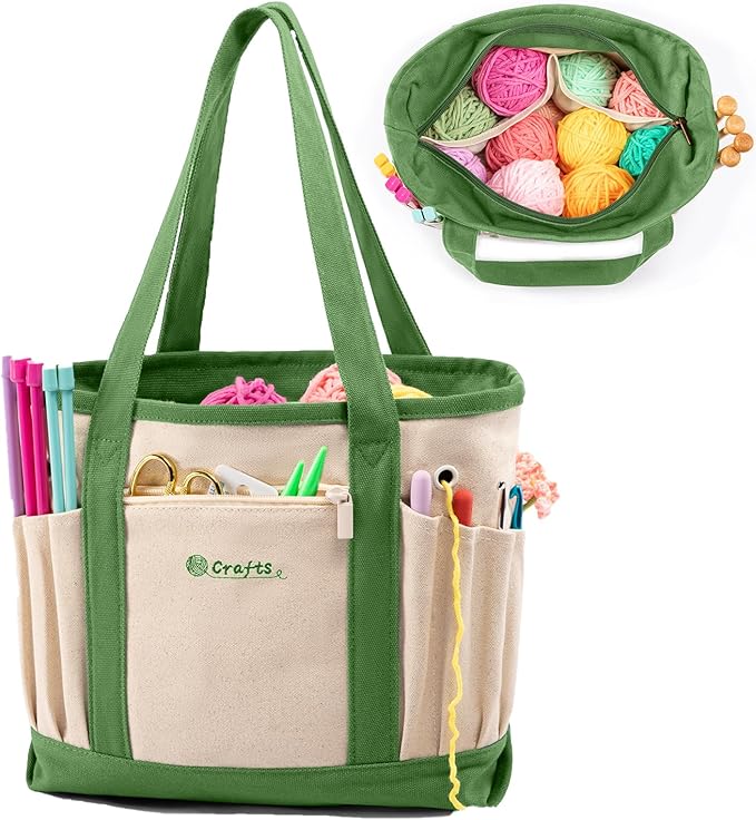 MYBAGZING Canvas Yarn Storage Organizer Bag Washable Crochet Bag with Pockets for Yarn, Hooks, Needles – Travel Knitting Tote for Crafters – Gift for Crocheters & Knitters (Medium/Large)