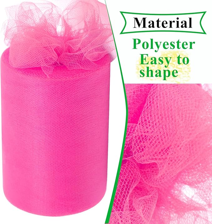 Neon Pink Tulle Fabric Rolls 6 Inch by 100 Yards (300 feet) Fabric Spool Tulle Ribbon for DIY Halloween Tutu Bow Baby Shower Birthday Party Wedding Decorations Christmas Craft Supplies