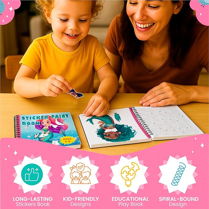 BulbaCraft 4Pcs Sticker Paint Books - Sticker Books by Number with Mermaids, Princesses, Animals and Unicorns - Coloring Activity