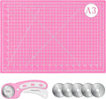 45mm Rotary Cutter and Mat Set, Fabric Cutter Wheel and 12x18 Inch Self Healing Sewing Cutting Mat, Fabric Rotary Cutter with 5pcs Rotary Blades for Quilting Patchworking Crafts, Pink