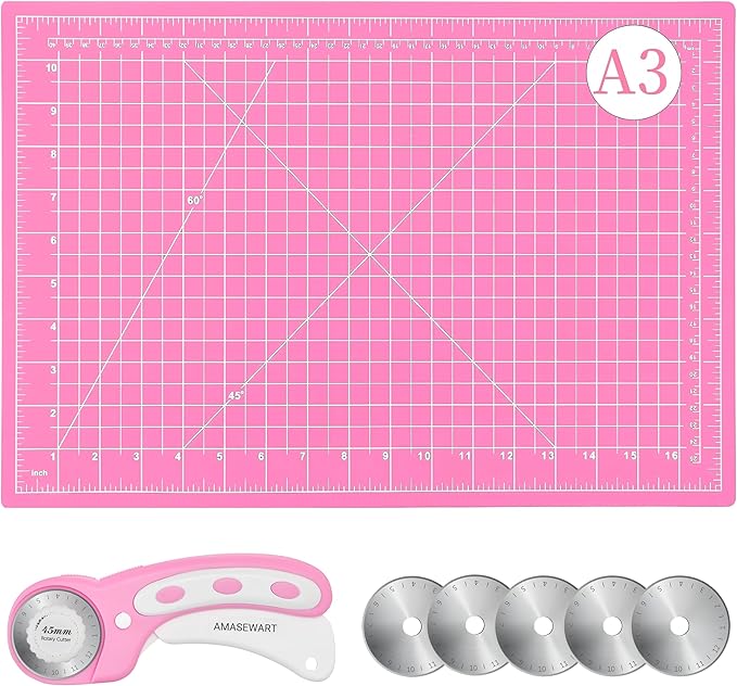 45mm Rotary Cutter and Mat Set, Fabric Cutter Wheel and 12x18 Inch Self Healing Sewing Cutting Mat, Fabric Rotary Cutter with 5pcs Rotary Blades for Quilting Patchworking Crafts, Pink