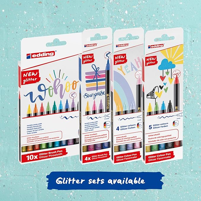 edding 1340 Glitter Brush Pen Set – 10pcs Assorted Colors with Soft Brush Nib, Quick-Drying, Smooth Writing – Glitter Markers for Journals, Planners, Scrapbooking, & Adult Coloring – Made in Germany