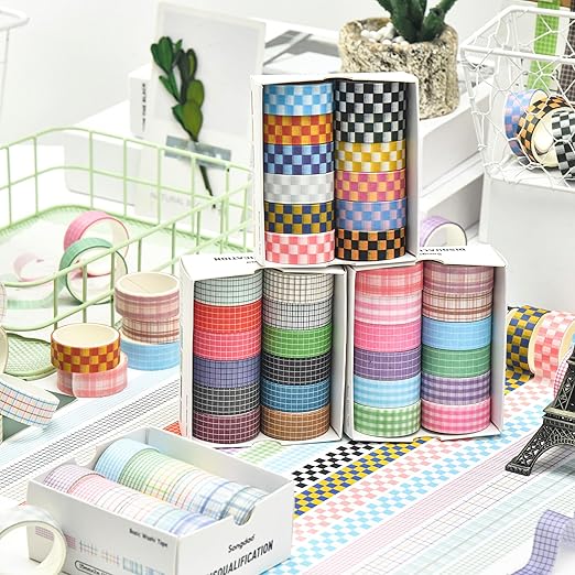 12 Rolls Grid Washi Tape Set Plaid Arts Adhesive Tapes Basic Patterns Decorative Masking Tape Sets for Craft, Kids, Scrapbook, DIY, Gift Wrapping (Style Three)