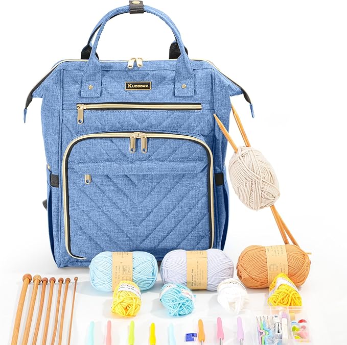 Knitting Bag Backpack, Yarn Organizer with USB Charging Port, Quilted Backpack for Women, Christmas Gifts Large Travel Crochet Bag Totes for Crochet Hooks, Knitting Needles, Yarn Supplies, Blue