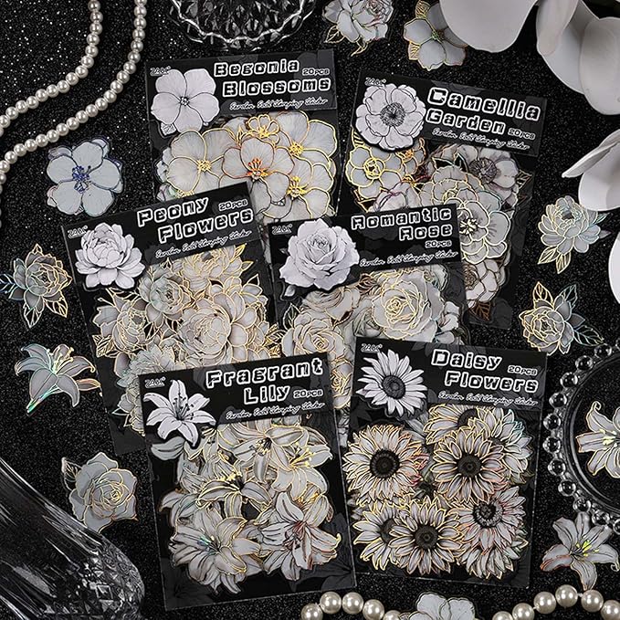 120PCS Floral Stickers for Journaling with Holographic Foil, Retro Background Decorative Stickers PET Material for Scrapbooking, Planners, Diaries, 6 Styles Vintage Flower Design