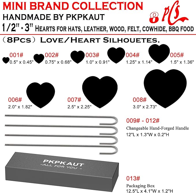 8Pcs Mini 1/2"-3" Branding Irons, Love/Heart Silhouettes Custom Wood Branding Iron Personalized for Wood Working, Leather Hats, Felt, Cowhide, BBQ & Bread Logo, Steak Branding Iron for Food