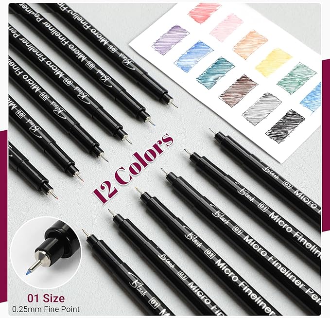 12 Colored Micro Pens 01 (0.25mm), Waterproof No-Bleed Fineliners for Bible Notes, Sketching, Journaling, Bullet Journal
