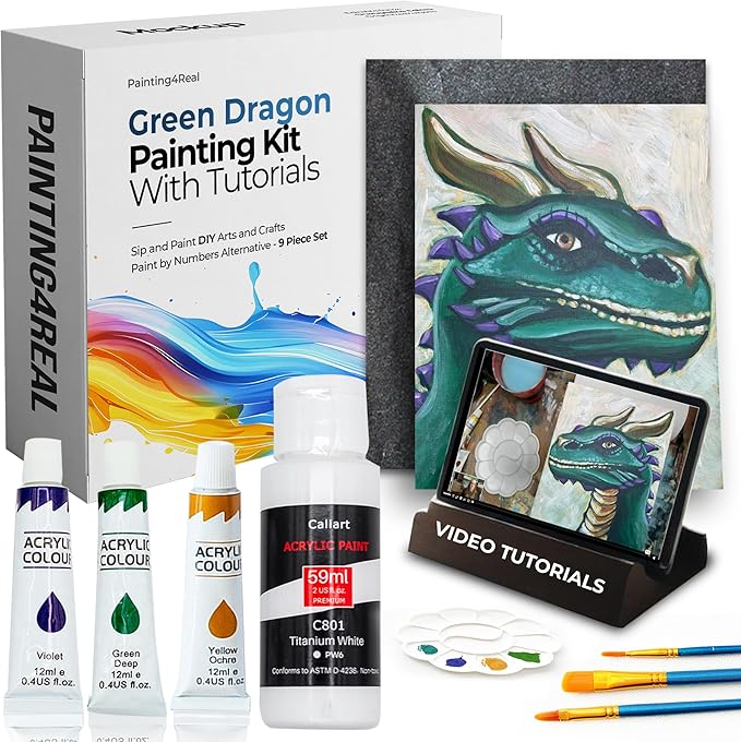 Painting4Real DIY Art Painting Kit for Adults – Learn to Paint Green Dragon with Video Tutorials – 9 Pieces Acrylic Paint Set for Adults –Perfect Christmas Crafts & Holiday Gifts for Art Lovers