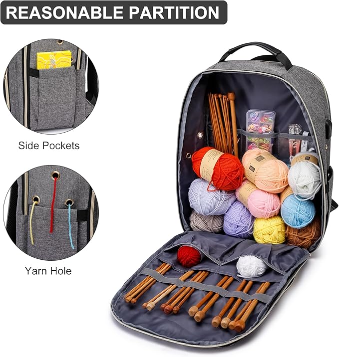 Knitting Bag Backpack, Crochet Bag Tote, Large Yarn Storage Tote Bag with USB Charging Port, Yarn Holder Case for Carrying Projects, Knitting Needles, Yarn Supplies, Grey