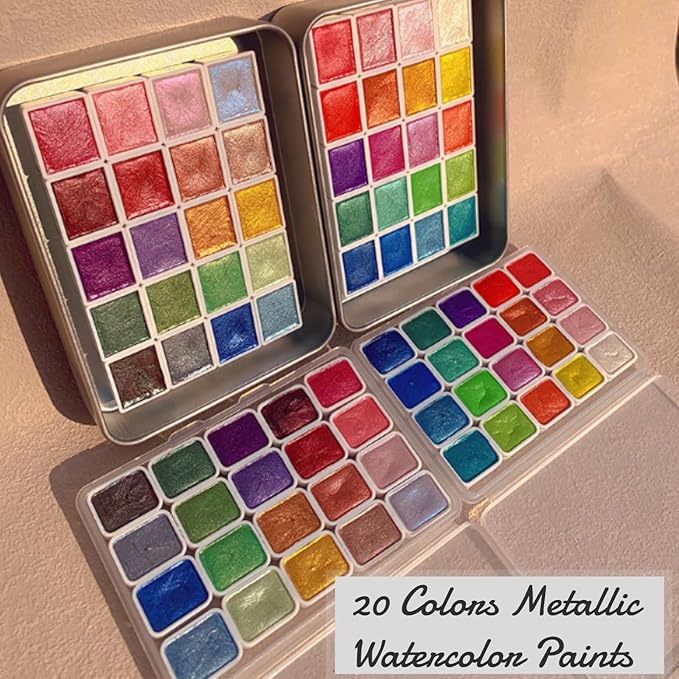 Gbbazu Metallic Watercolor Paints, Upgrade 20 Colors Watercolor Painting Set, Metallic Water Color Paint Set, Glitter Watercolour Solid Paint Box Palette for Adults Kids Beginners Artists (1ML A)