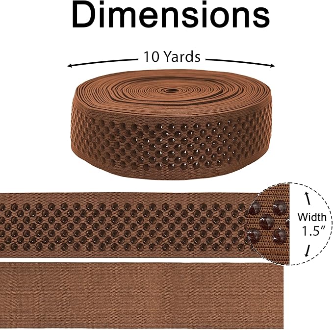 Mandala Crafts 1.5 Inch Elastic Silicone Gripper Tape for Clothing - 10 Yds Dotted Non Slip Elastic Band for Sewing - Brown Silicone Flat Fabric Stretchy Ribbon Straps