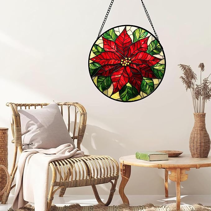 Stained Glass Window Hanging - Poinsettia Suncatcher for Door Garden Home Decor Birth Flower Sun Catcher Birthday Mother's Day for Lovers Friend Women Mom Nana 6.3 in