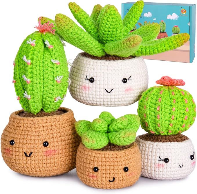 Crochet Kit for Beginners - Crochet Starter Kit with Step-by-Step Video Tutorials, Learn to Crochet Kits for Adults, DIY Knitting Supplies, 4 Pack Plants(40%+ Yarn)