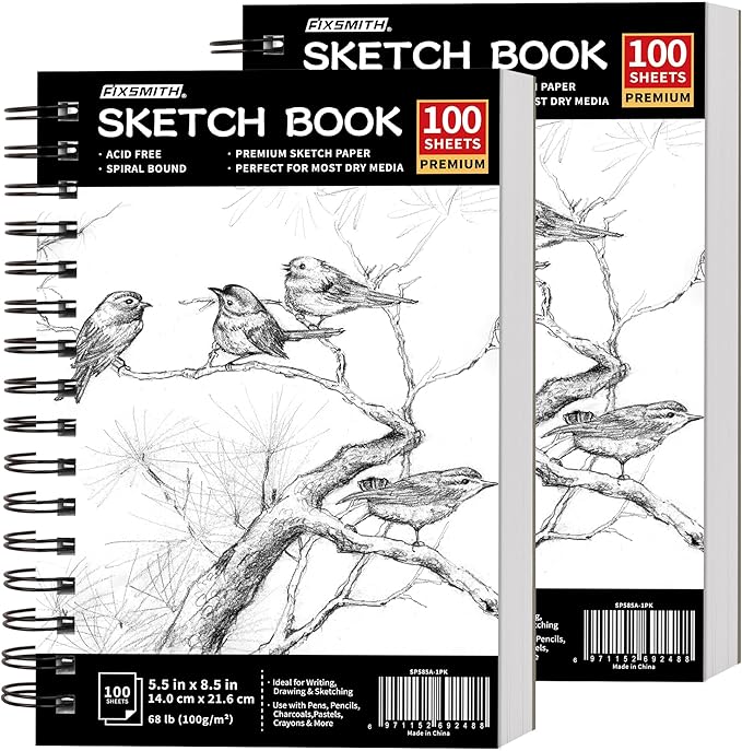 FIXSMITH 5.5"X8.5" Sketch Book | 200 Sheets (68 lb/100gsm) Sketchbook | 2 Pack | Acid Free Drawing Paper | Spiral Bound Artist Sketch Pad | for Kids,Beginners,Artists & Professionals