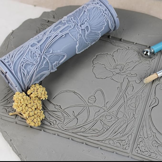 Poppy Clay Texture Roller (4") - Flower Set #02 - Embossing Pattern Roller for Polymer & Ceramic Clay, Pottery & Crafts