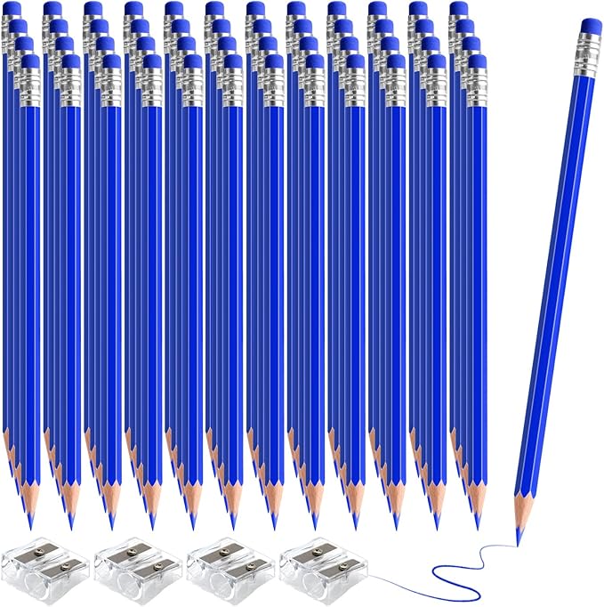 48 PCS Blue Checking Pencils Erasable Colored Pencils with Eraser Pre-Sharpened 2 HB for Checking, Grading, Tests & Office/School Supplies (Blue)
