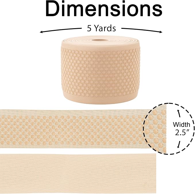 Mandala Crafts 2.5 Inch Elastic Silicone Gripper Tape for Clothing - 5 Yds Dotted Non Slip Elastic Band for Sewing - Nude Silicone Flat Fabric Stretchy Ribbon Straps