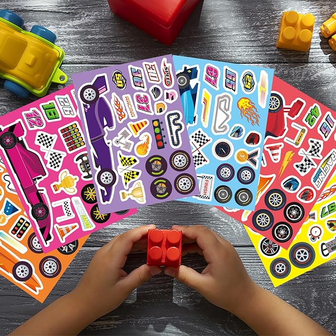 24 Sheets Make Your Own Race Car Stickers, Sporty Racing Car Stickers for Kids, Racing Gifts Party Favors Supplies, Classroom Teacher Reward Educational Toy Art Craft