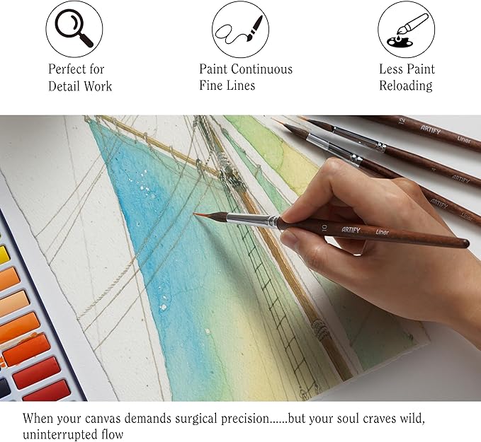 ARTIFY 6-Piece Professional Watercolor Liner Brush Set - Sable & Nylon Hybrid Extended Needle Point Detail Water Color Brushes for Fine Lines, Botanicals and Florals Painting
