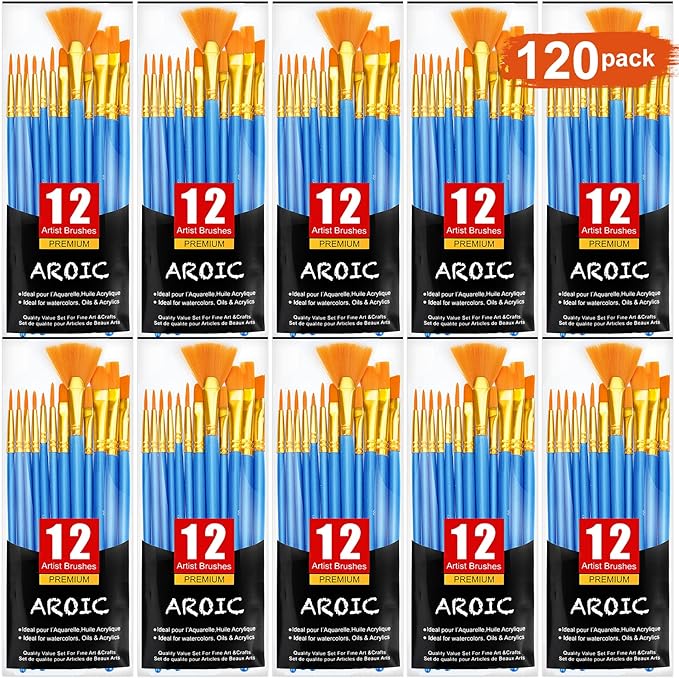AROIC Acrylic Painting Brush Set, 10 Packs / 120 Pcs, Nylon Brush Head, Suitable for Oil and Watercolor, Perfect Suit of Art Painting, Best Present for Painting Enthusiasts.