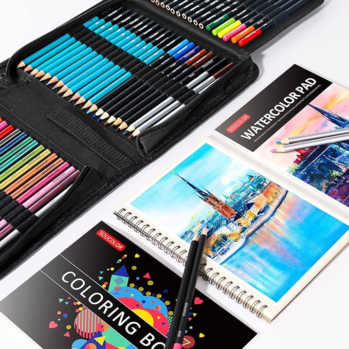 Soucolor Art Supplies, 76 Pack Drawing Set Sketching Kit, Box for Artist Adult : 3-Color Sketchbook, Watercolor Pad, Coloring Book, Charcoal Colored Watercolor Metallic Pencils