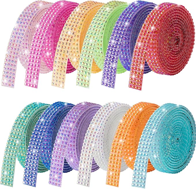 Rhinestone Ribbon Self Adhesive, 12-Yard Bedazzling Strips, 12-Rolls Rhinestone Strips for DIY Craft, Rhinestones for Crafting, Rhinestones Tape Self Adhesive for Home Decor and Special Events