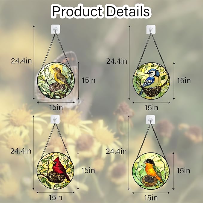 Stained Glass Window Hanging 4 Pcs Set Bird Theme On Branch Large 15" - Cardinal Suncatcher Door Garden Sun Catcher Decor Birthday Christmas for Mom Woman Nana Men