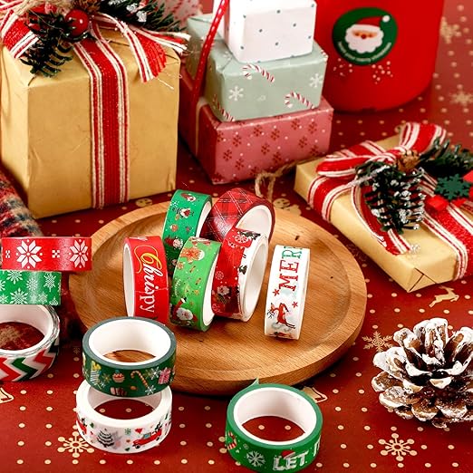 SANNIX 12 Rolls Christmas Washi Tapes 15mm Wide Christmas Tree Snowflakes Santa Claus Gingerbread Man Masking Tape for Xmas Scrapbooking and Crafting